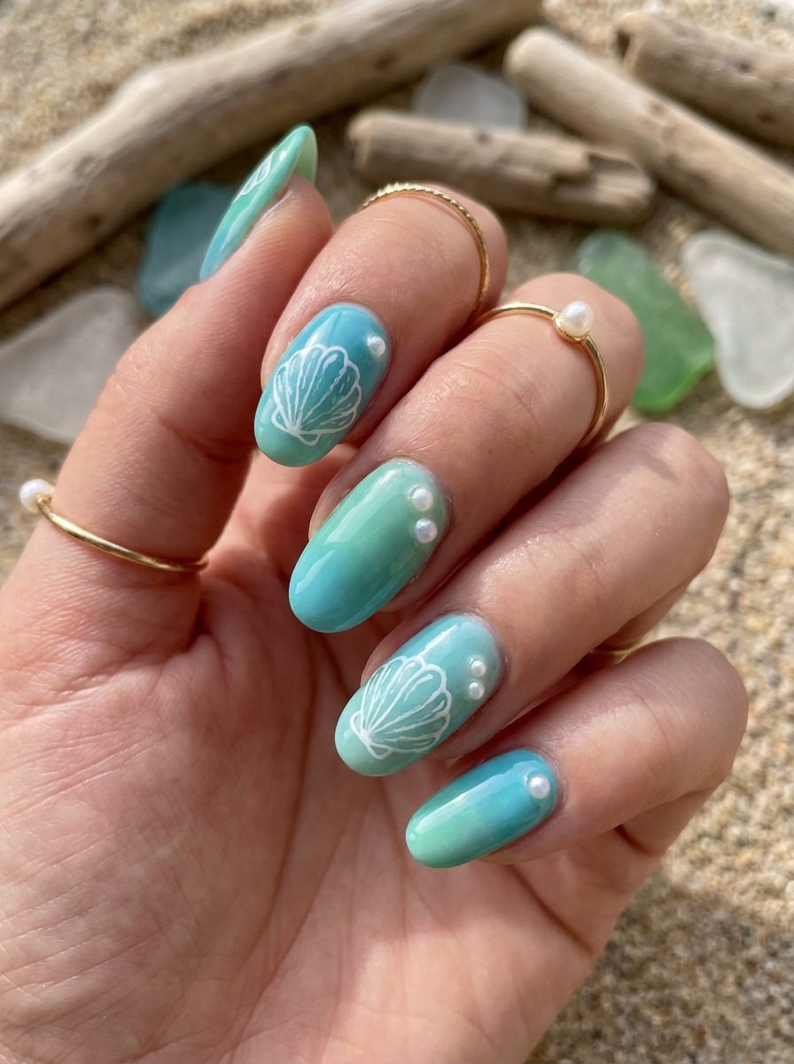Türkise Shell Detail Nails